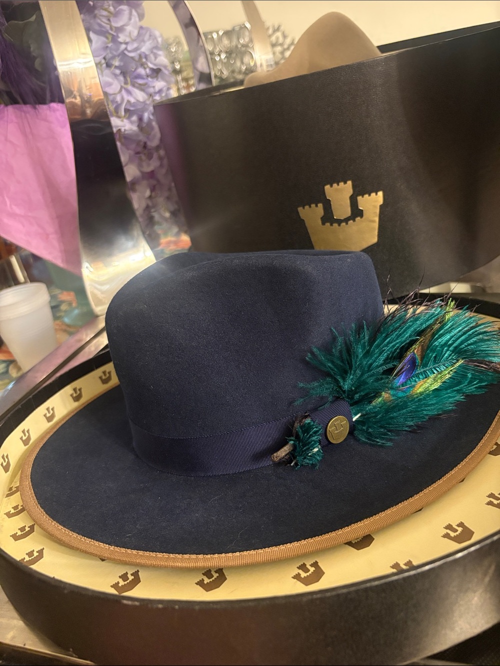 Goorin Bros Navy Fedora with Teal & Green Feather Trim